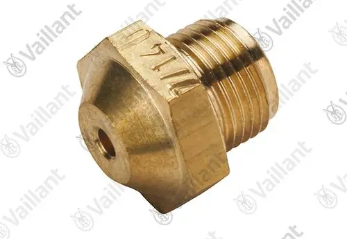 Messing-Brennerdüse der Marke Vaillant mit geriffelter Oberfläche und Innengewinde. Das Produkt ist für Heizsysteme konzipiert.